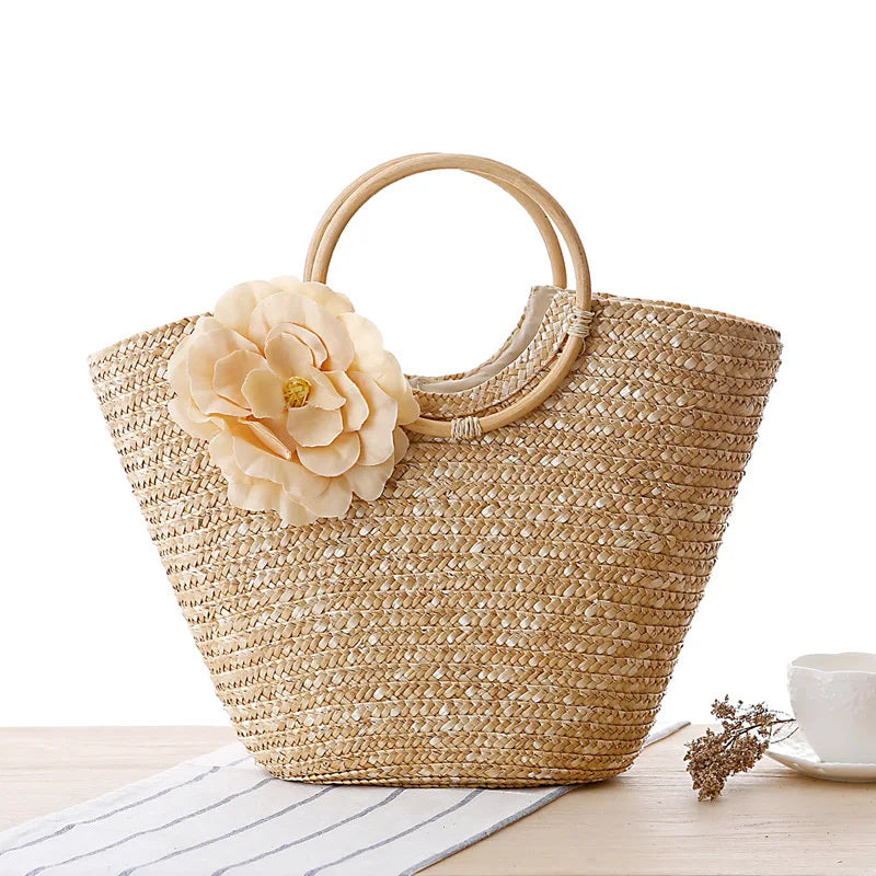Woven Rattan Handle Bag for Women - Straw Beach Handbag