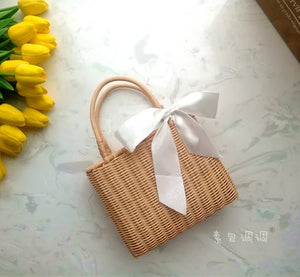 Rattan Handle Woven Bag Flowers Straw Bag Vacation Tote Beach Bag