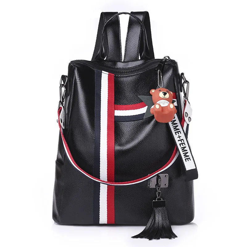 Retro Zipper Leather Backpack with Tassels