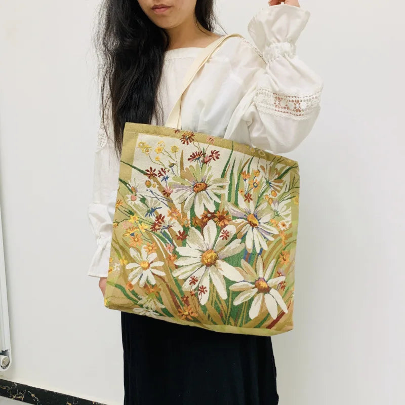 Vintage Flowers Jacquard Canvas Tote Bag