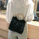 Rex Rabbit Fur Straw Bag Ring Bucket Bag Shoulder Chain Bag