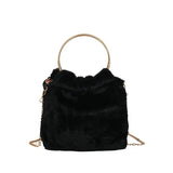 Rex Rabbit Fur Straw Bag Ring Bucket Bag Shoulder Chain Bag