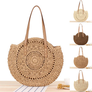 Round Beach Bag Vintage Woven Shoulder Bag Raffia Circle Rattan Bags
