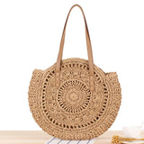 Round Beach Bag Vintage Woven Shoulder Bag Raffia Circle Rattan Bags