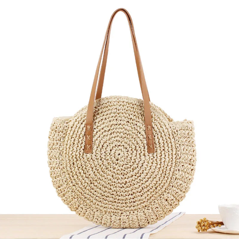 Round Beach Bag Vintage Woven Shoulder Bag Raffia Circle Rattan Bags