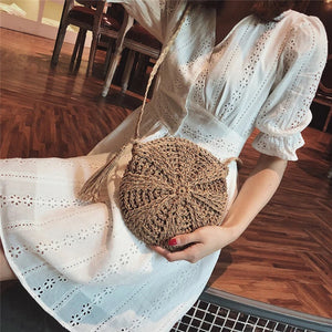Soft Paper Rope Shoulder Bag Tassel Straw Circle Rattan Bag