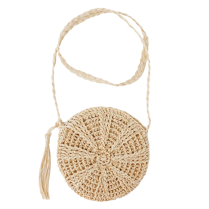 Round Women Paper Rope Shoulder Bag Tassel Summer Beach Crossbody