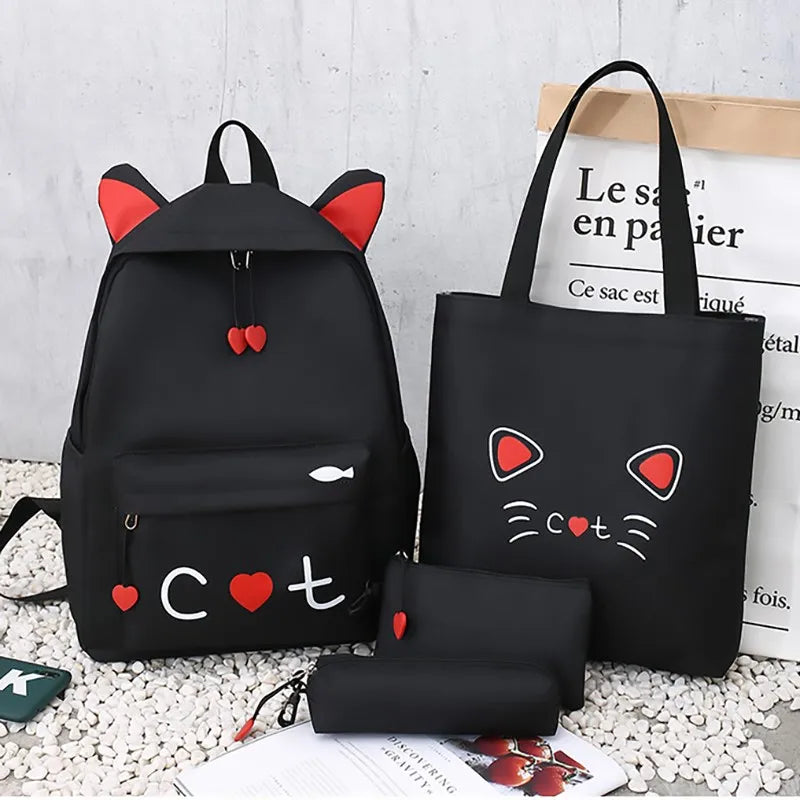 4-Piece School Bags Set for Teenage Girls Print Backpack Female Shoulder Bags