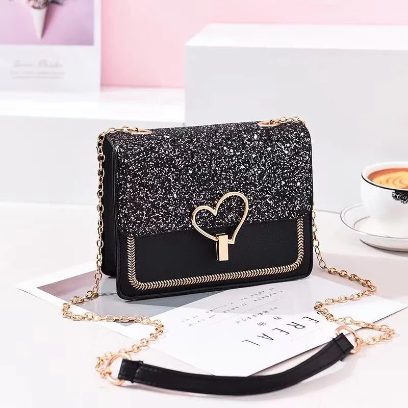 Sequined Women's Shoulder Bag Chain Peach Heart Lock Lady Bag