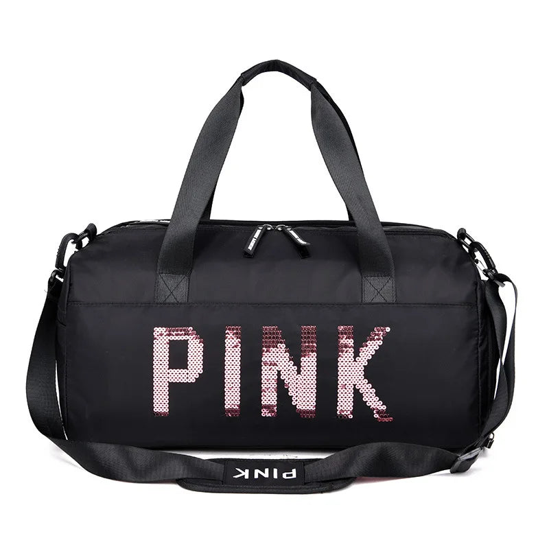 Sequins Pink Gym Bag Women Shoe Compartment Sport Bags