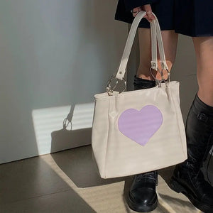 Women PU Leather Heart Panelled Tote Bag Underarm Shopping Handbag