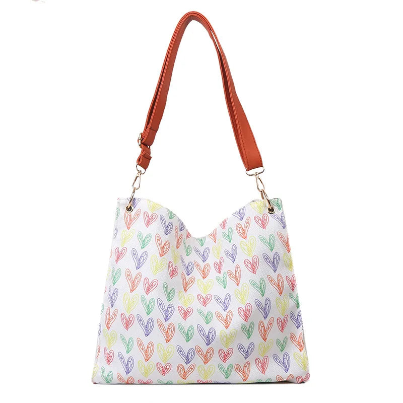 Heart Print Canvas Tote Bag Women's Handbag