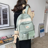 Solid Bear Pendant Backpack Women College Student Bag Nylon Waterproof