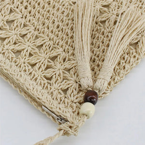 Straw Crossbody Bag Hollow Floral Tassel Messenger B