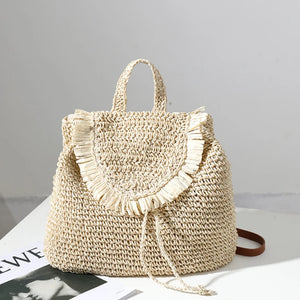 Straw Woven Backpack Tassel Shoulder Straw Bag Women's Beach Holiday Bag