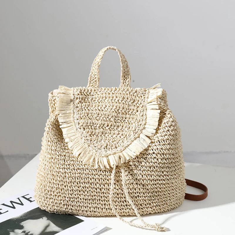Straw Woven Backpack Tassel Shoulder Straw Bag Women's Beach Holiday Bag
