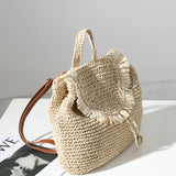 Straw Woven Backpack Tassel Shoulder Straw Bag Women's Beach Holiday Bag
