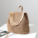 Straw Woven Backpack Tassel Shoulder Straw Bag Women's Beach Holiday Bag