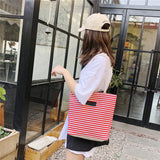 Canvas Beach Bag Striped Shoulder Handbag Rough Twine Stripe Shopping Bag