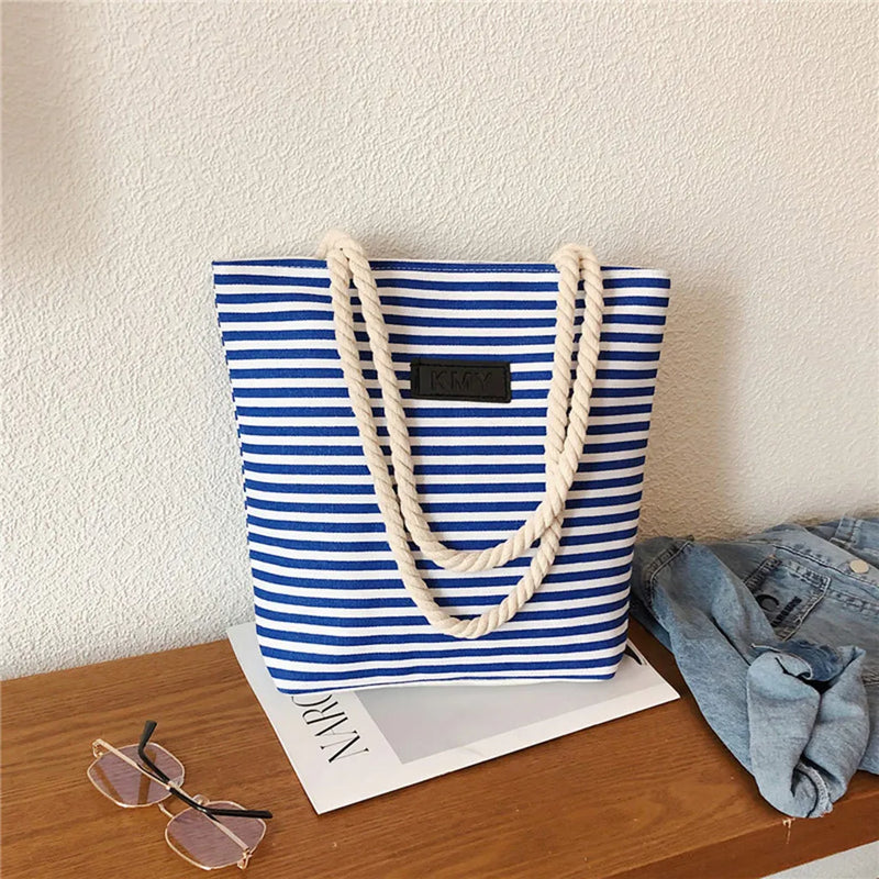 Canvas Beach Bag Striped Shoulder Handbag Rough Twine Stripe Shopping Bag