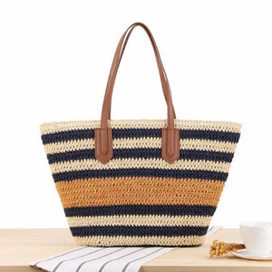 Striped Shoulder Straw Bag Ins Sen Holiday Vacation Woven Beach Leisure Bag