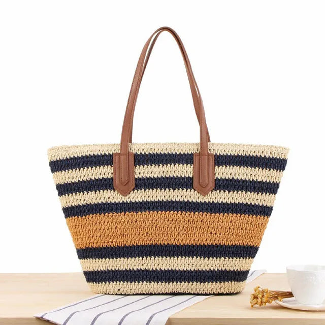 Striped Shoulder Straw Bag Ins Sen Holiday Vacation Woven Beach Leisure Bag