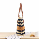 Striped Shoulder Straw Bag Ins Sen Holiday Vacation Woven Beach Leisure Bag