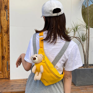 Bear Ornaments Canvas Waist Chest Belt Bag for Women Ladies Crossbody Shoulder B