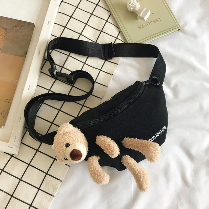 Bear Ornaments Canvas Waist Chest Belt Bag for Women Ladies Crossbody Shoulder B