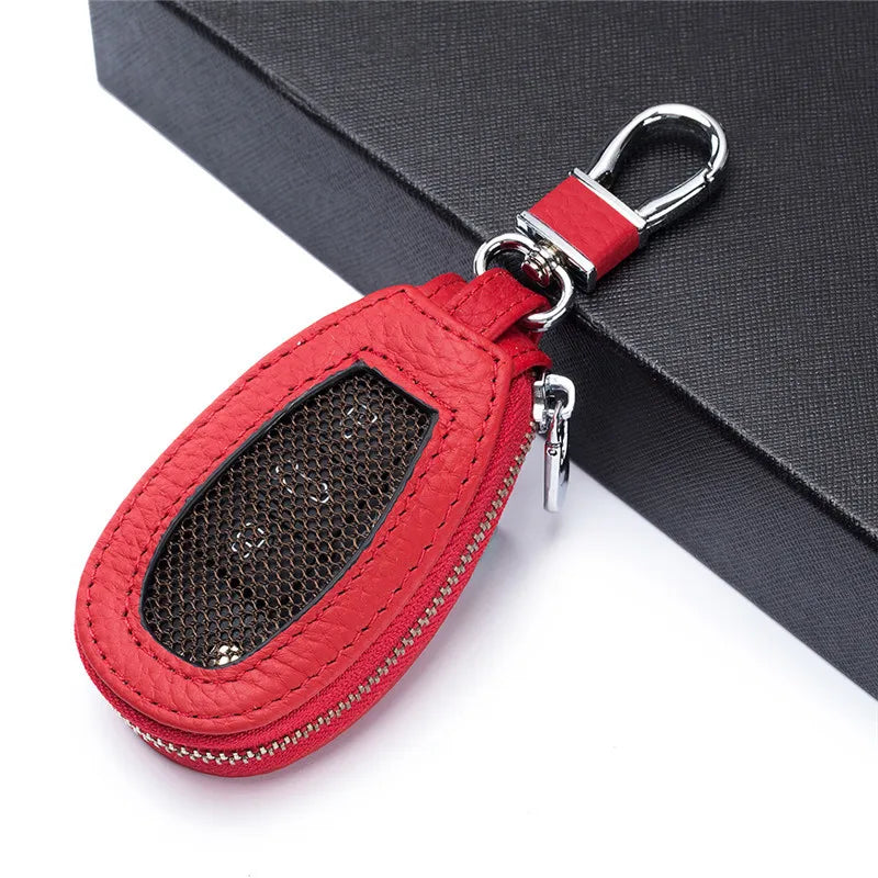 Men's Leather Car Key Holder Zipper Square Key Case