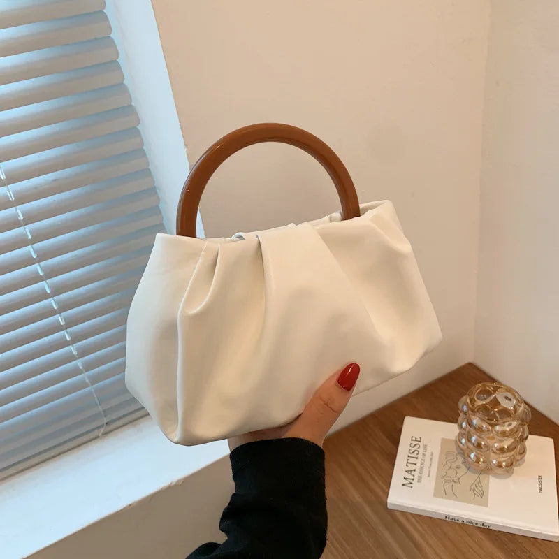 High Wooden Handle Pleated Ladies Small Handbag