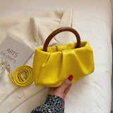 High Wooden Handle Pleated Ladies Small Handbag