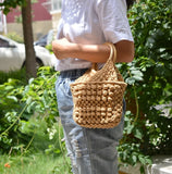 Solid Portable Woven Beach Bag with Cotton Rope Handle
