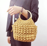 Solid Portable Woven Beach Bag with Cotton Rope Handle