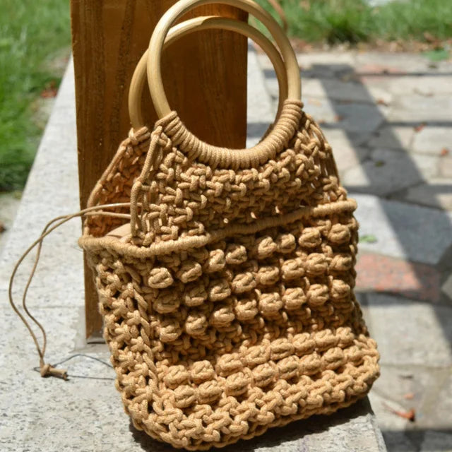 Solid Portable Woven Beach Bag with Cotton Rope Handle