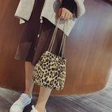 Leopard Print Mini Chain Bucket Bag Plush Messenger Bag