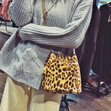 Leopard Print Mini Chain Bucket Bag Plush Messenger Bag