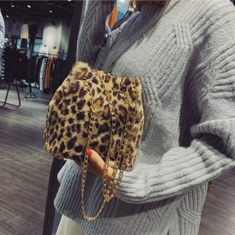 Leopard Print Mini Chain Bucket Bag Plush Messenger Bag