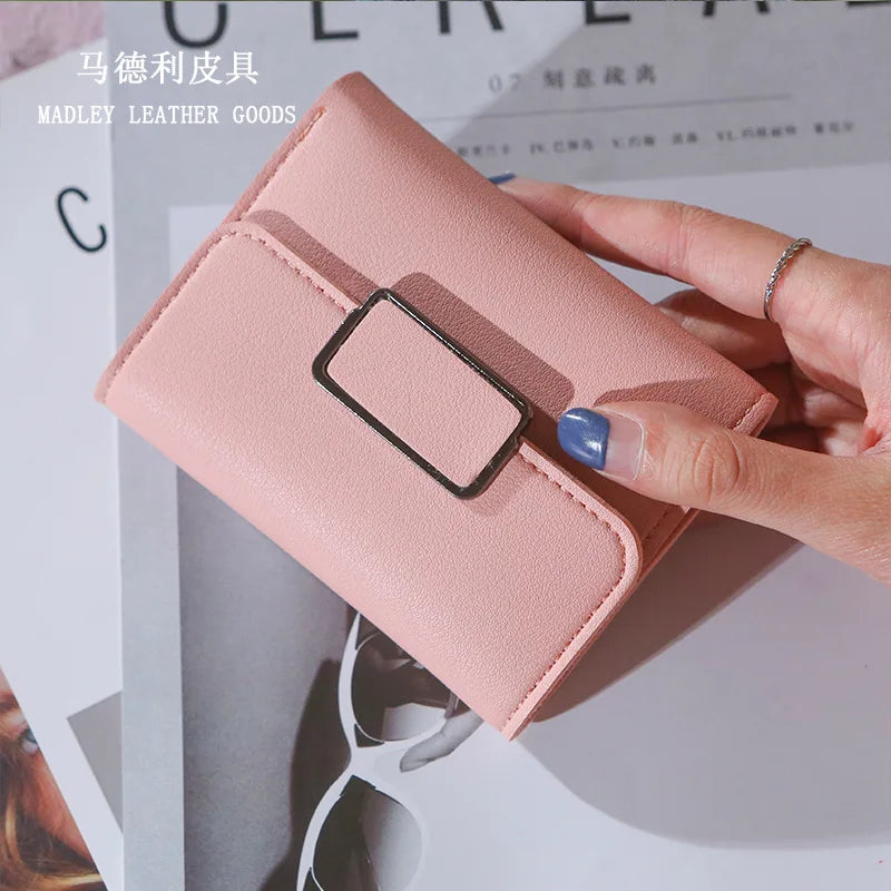 Checkered Tri-fold Ladies Wallet Litchi Pattern Solid