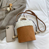Suede Lambswool Shoulder Bag Wooden Handle Crossbody Bucket Sac