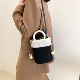 Suede Lambswool Shoulder Bag Wooden Handle Crossbody Bucket Sac