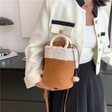 Suede Lambswool Shoulder Bag Wooden Handle Crossbody Bucket Sac