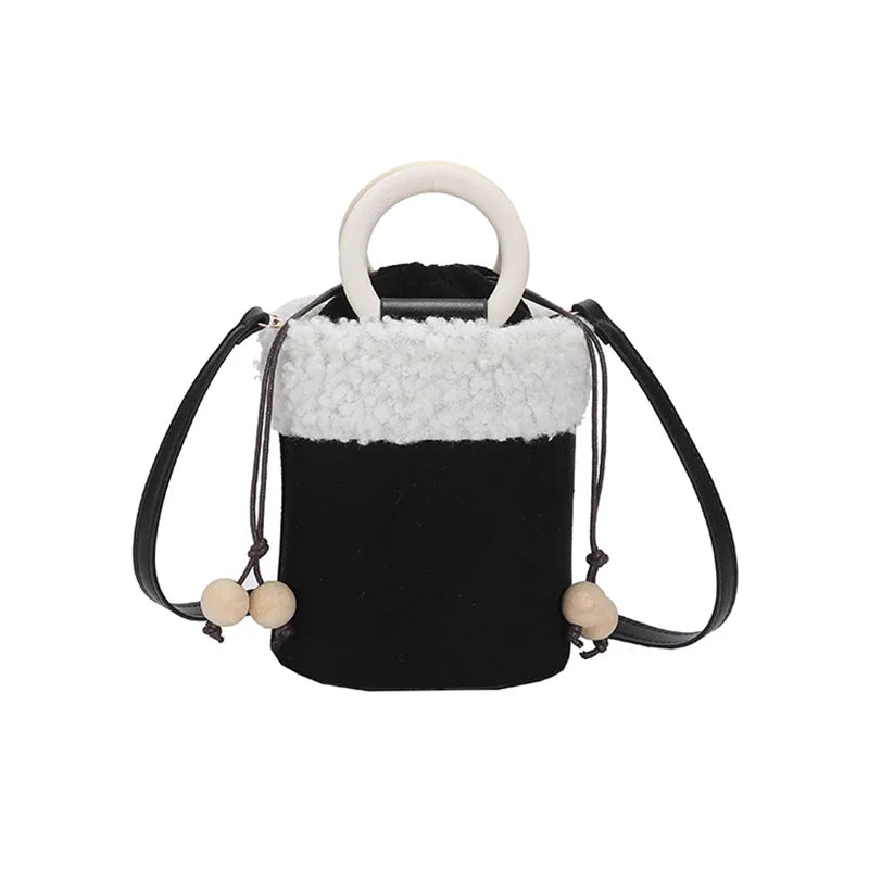 Suede Lambswool Shoulder Bag Wooden Handle Crossbody Bucket Sac