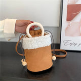 Suede Lambswool Shoulder Bag Wooden Handle Crossbody Bucket Sac