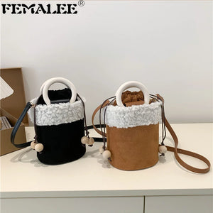 Suede Lambswool Shoulder Bag Wooden Handle Crossbody Bucket Sac