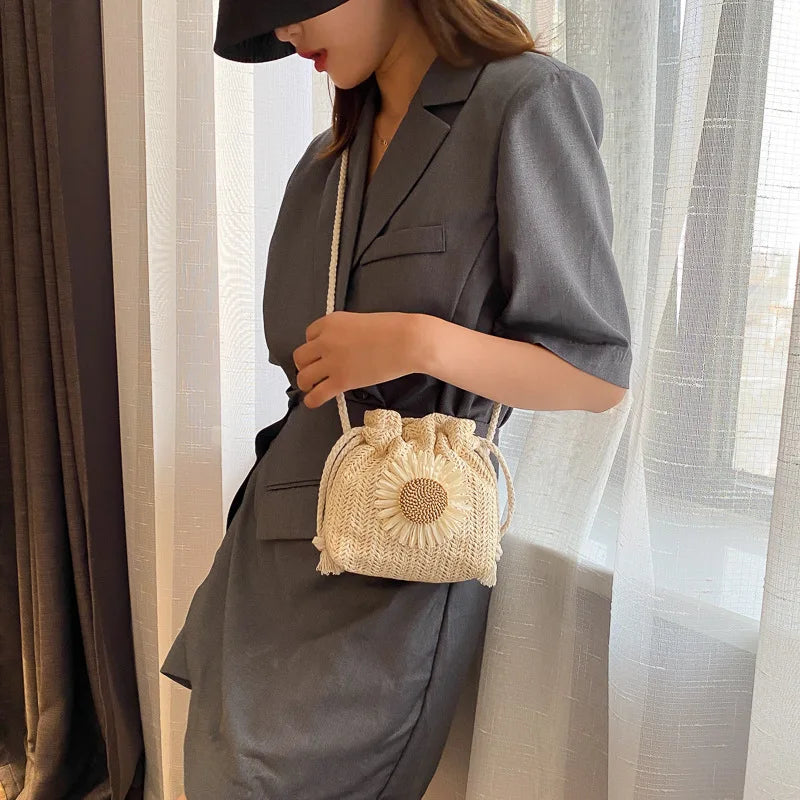 Sunflower Messenger Woven Bag Crochet Round Beach Bag Purses