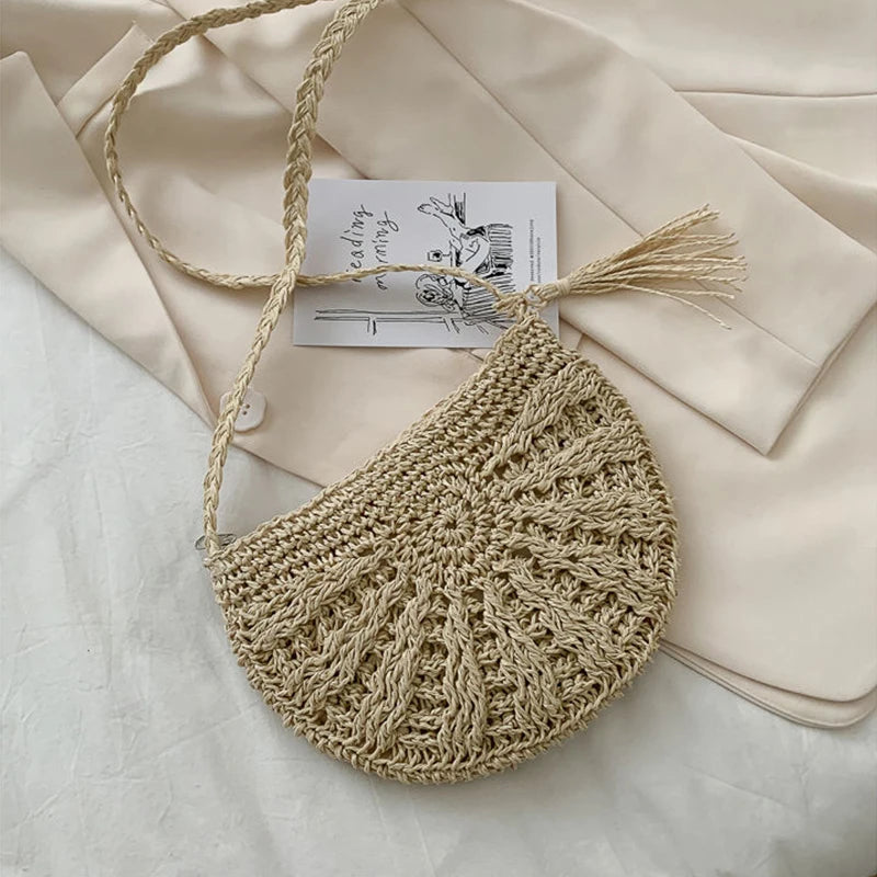 Boho Braided Rattan Clutch Bag, Summer Shoulder Messenger Handbag