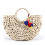 Summer Pompon Beach Straw Bag Moon Shaped Weaving Ladies Bag