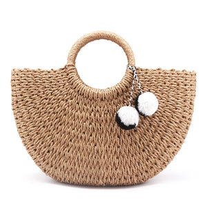 Summer Pompon Beach Straw Bag Moon Shaped Weaving Ladies Bag