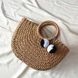 Summer Pompon Beach Straw Bag Moon Shaped Weaving Ladies Bag